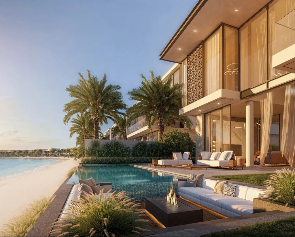 Aerial view of Palm Jumeirah in Dubai showcasing luxury waterfront living near Palm Jebel Ali Villas